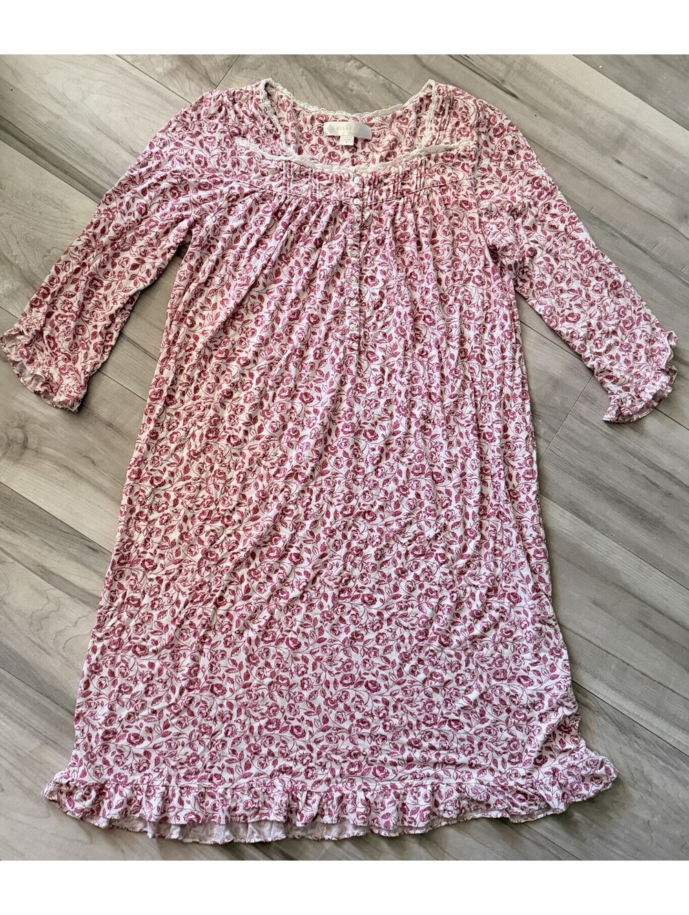 Eileen West Red White Floral Nightgown Lace Trim Button Front Soft Knit Sz Small